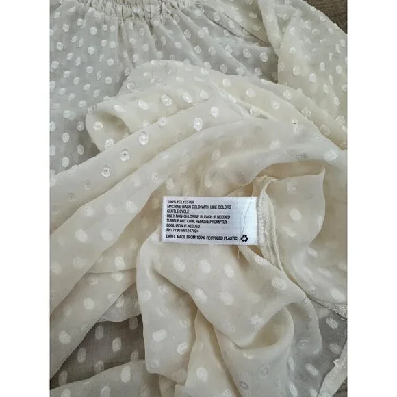 Sheer White Polka Dot Long Sleeve Blouse With Smocked Neckline M - Picture 3 of 7